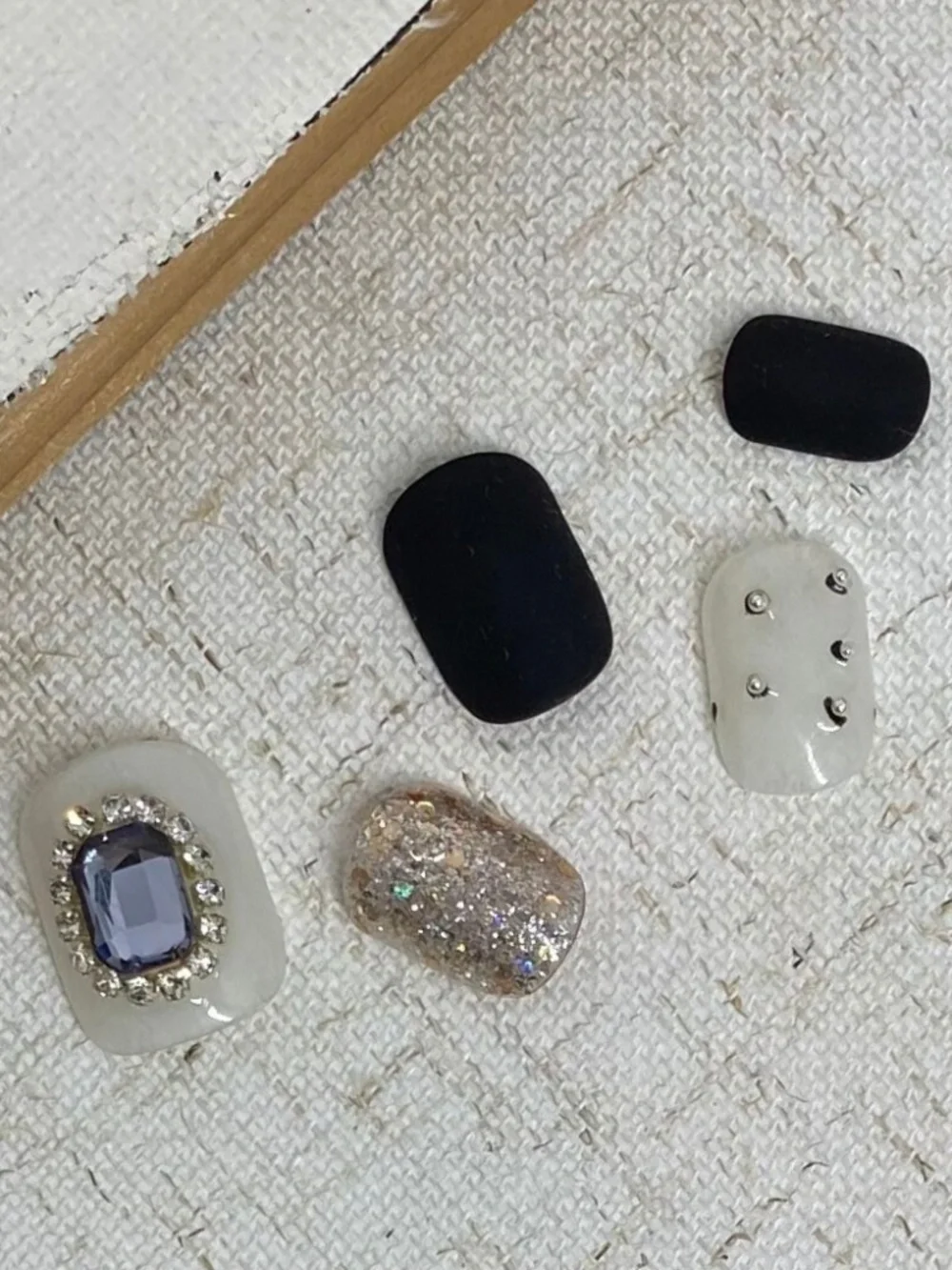 Shimmer Black & White Press-On Nails with Silver Gems